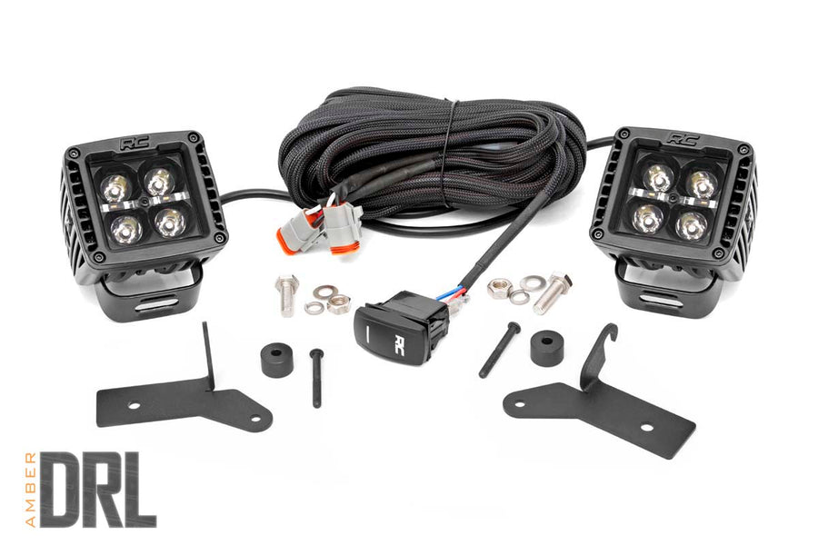 Rough Country - LED Light Kit - Hinge Mount - 2 In. Black Pair - Amber DRL - Jeep Gladiator JT/Wrangler JL (18-25)