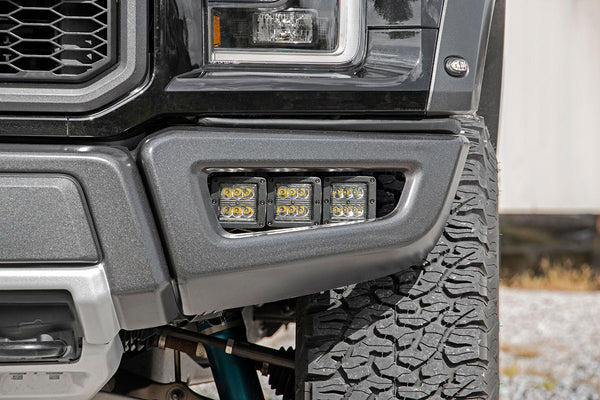 Rough Country - LED Light Kit - Fog Mount - Triple 2 In. Black Pair - White DRL - Ford Raptor (17-20)