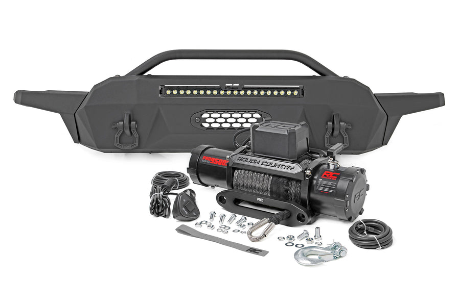 Rough Country - Front Bumper - Hybrid - 20 In. Blk LED - 9500-Lb Winch Syn - Toyota Tacoma (16-23)