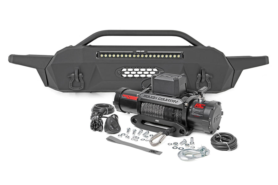 Rough Country - Front Bumper - Hybrid - 20 In. Blk LED - 12000-Lb Winch Syn - Toyota Tacoma (16-23)
