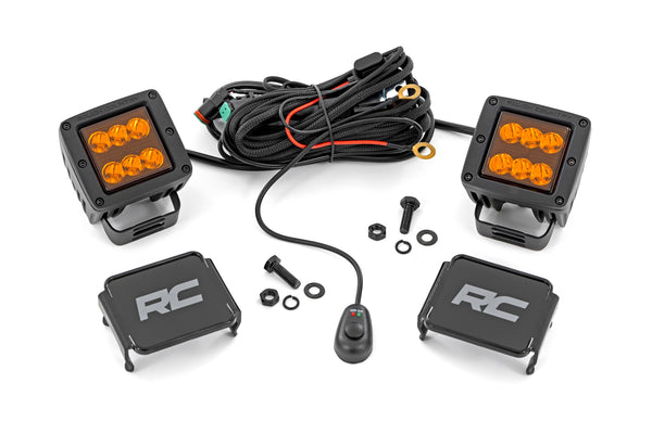 Rough Country - 2 Inch LED Light Pods - Spot Beam - Amber Lens - Square