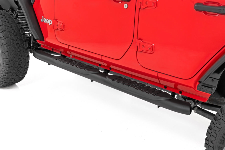 Rough Country - Oval Nerf Steps - 4 Door - Black - Jeep Wrangler Unlimited 4WD (2018-2025)