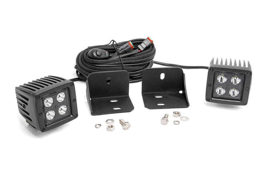 Rough Country - LED Light - Cab Mount - 2 In. Black Pair - Flood - Can-Am Defender HD 5/HD 8/HD 9/HD 10