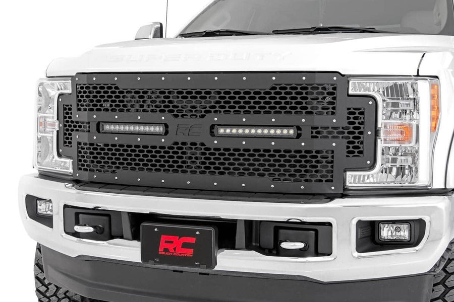 Rough Country - Mesh Grille - 12 In. Dual Row LED - Black - Ford F-250/F-350 Super Duty (17-19)